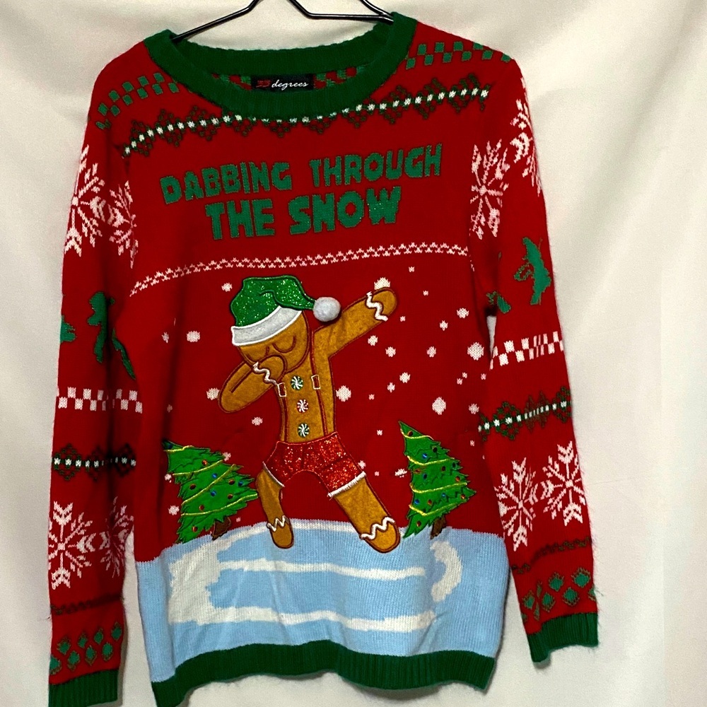 32 Degrees Red Holiday Sweater Size XL with Dabbing Gingerbread Snowflake Design